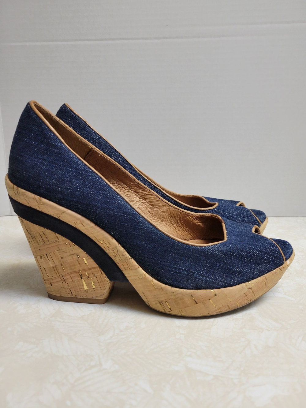 Softspots Denim Peep-Toe Cork Wedges - Dark Blue